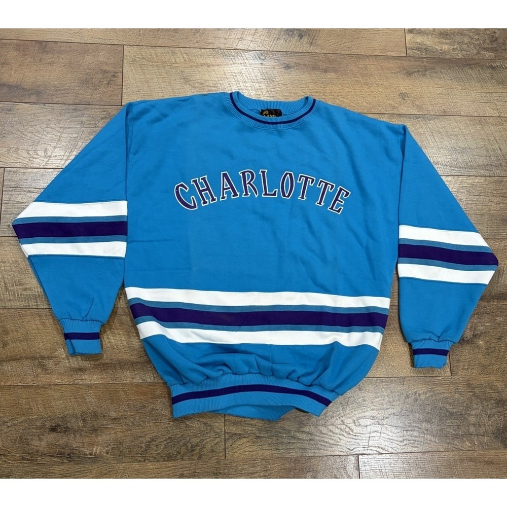 Vintage 90s Charlotte Hornets‎ Crewneck Sweatshirt Blue XL Embroidered Pullover
